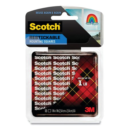 SCOTCH Restickable Mounting Tabs, Removable, Repositionable, Holds Up to 1 lb (4 Tabs), 1 x 1, Clear, PK18 R100